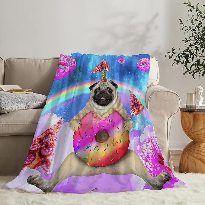 Pug Blanket Funny Pug Gifts for Girls Boys Woman Kids Doughnut Pizza Lover Dog Throw Blankets Soft Blanket Warm Fleece Flannel Plush Blankets for Bed Sofa Couch 50"x60"