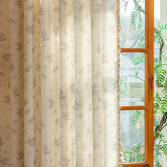 ENJOYBRIDAL Purple Floral 63 Inch Curtains for Living Room Decor Drapes Semi Sheer Bedroom Rod Pocket Short Window Curtains 2 Panels Tassel Aesthetic Farmhouse Cute Boho Window Treatments