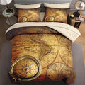 5 Pcs Twin Size Comforter Set with Pillowcase & Sham, Vintage World Map Bedding for Kids and Adults, Retro Nautical Compass Bed in a Bag with Flat Fitted Sheet