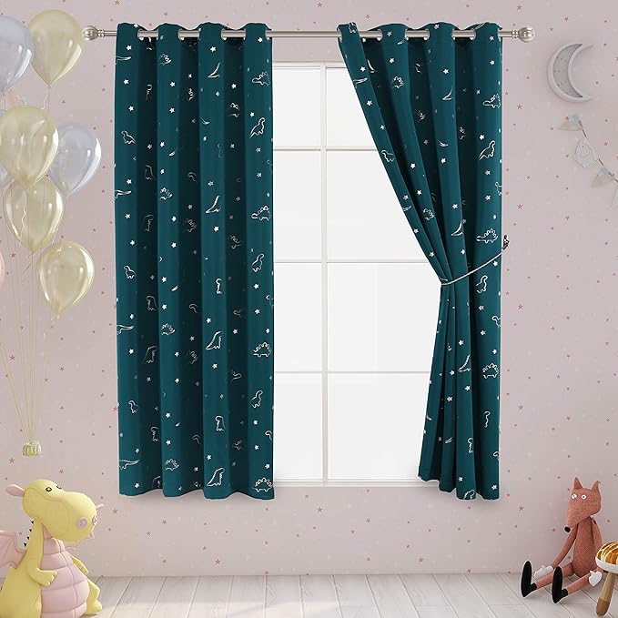 LORDTEX Dinosaur and Star Foil Print Blackout Curtains for Kids Room - Thermal Insulated Curtains Noise Reducing Window Drapes for Boys and Girls Bedroom, 52 x 63 Inch, Sapphire, Set of 2 Panels