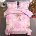 7 Pcs Full Size Christmas Comforter Set with 2 Pillowcases & 2 Shams, Pink Winter Snowflake Bedding for Kids and Adults, Funny Sparkle Farm Bed in a Bag with Flat Fitted Sheet