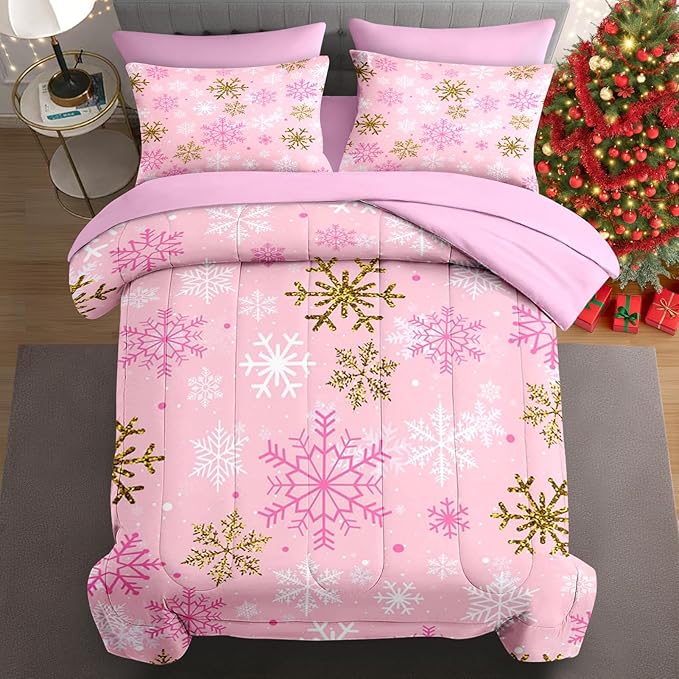 7 Pcs Queen Size Christmas Comforter Set with 2 Pillowcases & 2 Shams, Pink Winter Snowflake Bedding for Kids and Adults, Funny Sparkle Farm Bed in a Bag with Flat Fitted Sheet