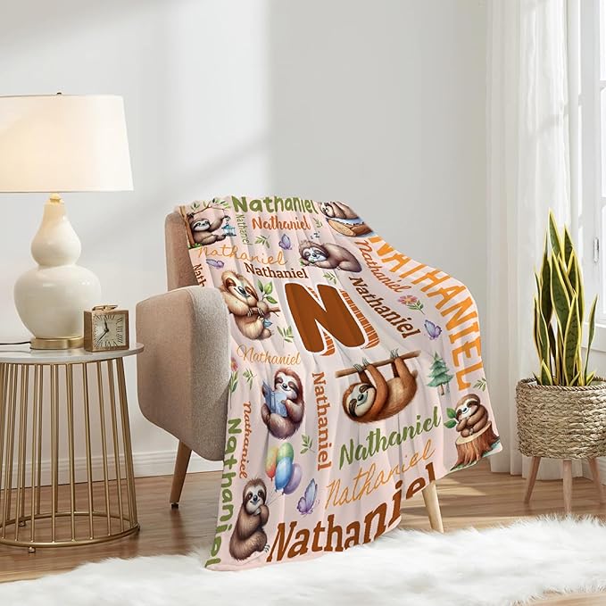 Personalized Custom Sloth Blanket Gifts for Kids Boys Girls with Name - Customized Sloth Super Soft Lightweight Flannel Sheets Decor for Crib Nap Couch - 90"x120" for Whole Family