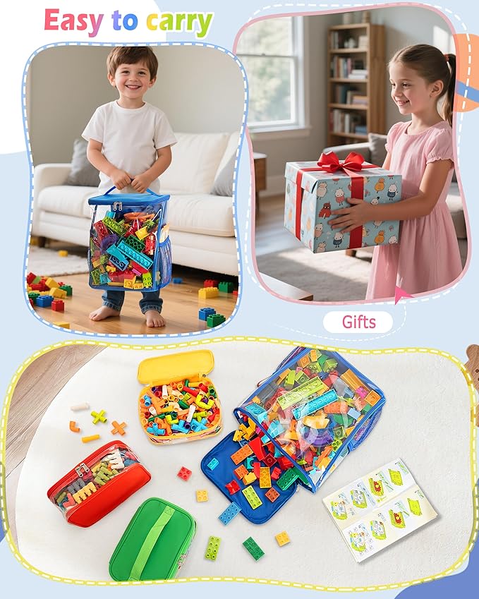 4 Pack Toy Storage Bags with Clear Windows, Toy Organizer Bags for Blocks, Magnetic Building Tiles, Dolls, 4 Piece Set (Blue + Orange + Green + Yellow)