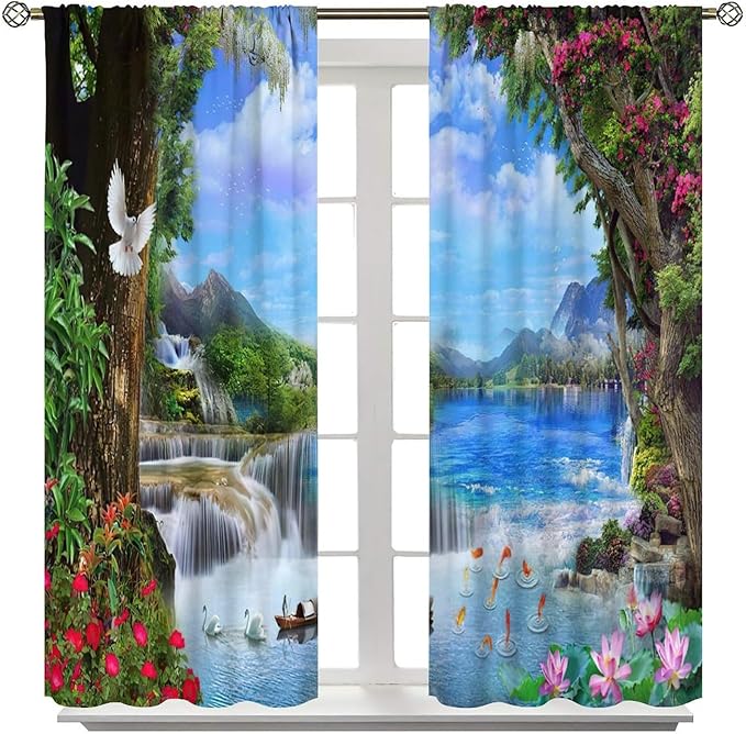 Spring Jungle Waterfall Blackout Window Curtains, Tropical Rainforest Floral Tree Waterfall Landscape Print Window Drapes, for Living Room Bedroom 63x72in 2 Panels
