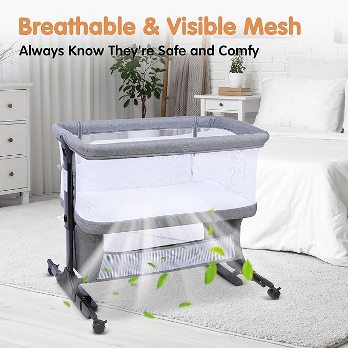 Bedside Bassinet, 3-in-1 Baby Bassinet Bedside Sleeper with Mosquito Net, Adjustable Height, Portable Baby Crib with Wheels, Breathable Mesh & Storage Basket