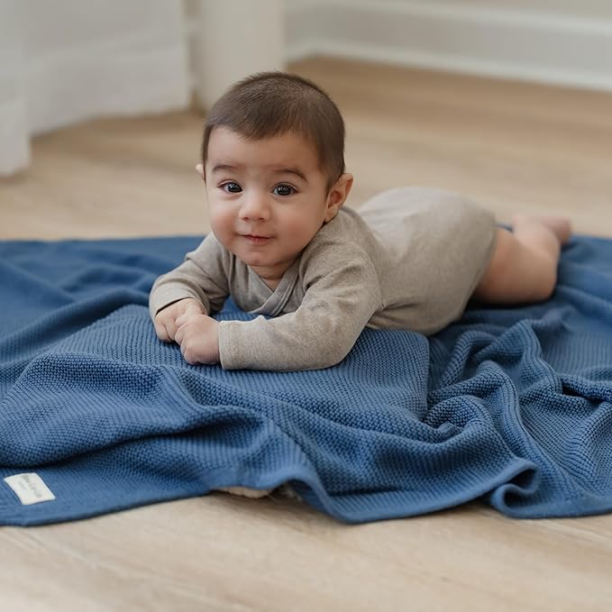 Heritage Knit Organic Cotton Receiving Swaddle Blanket for Boys - 100% Organic Soft Luxury Cotton Warm Cuddle Swaddling Blanket for Newborns Infants Toddler 36" x 32" (0-2Yrs - Denim Blue)