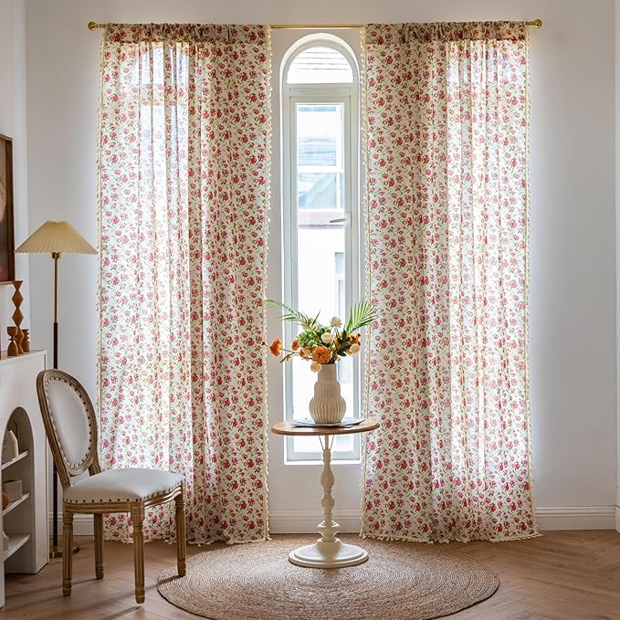 ENJOYBRIDAL Floral 63 Inch Curtains for Living Room Bedroom Drapes Farmhouse Vintage Semi Sheer Short Window Curtains 2 Panel Sets Boho Cute Rustic Dining Room Rod Pocket Window Treatments