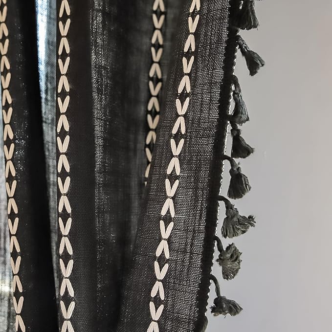Deeprove Black Boho Curtains 96 inches Long for Bedroom, Vintage Bohemian Embroidery Farmhouse Cotton Linen French Country Tassel Window Treatments Gothic Halloween Decor, W52 x L96, 1 Panel