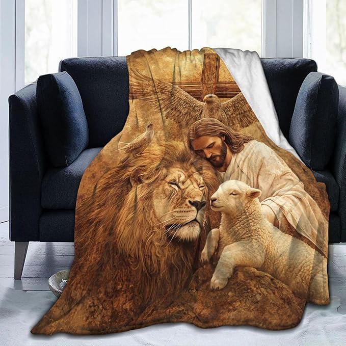 Jesus Blanket Lion Lamb Throws Christian Cross Print Plush Fuzzy Fleece Blankets Gifts for Girls Boys Women Super Soft Warm Cozy God Eagle Stuff for Men Women Couch Bed Sofa Bedding Decor 80"x60"