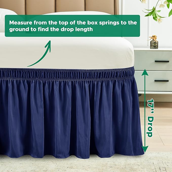 Biscaynebay Wrap Around Bed Skirts for Queen Beds 17" Long Drop, Navy Adjustable Elastic Dust Ruffles Easy Fit Wrinkle & Fade Resistant Silky Luxurious Fabric Solid Machine Washable