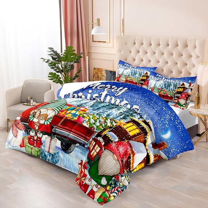 LUVIVIHOME 3PCS Merry Christmas Comforter Set King Size, Teens Boys Girls Kids Bedding, Cute Snowman Gnome Red Truck Winter Snowflake Happy New Year Christmas Bedroom Decor, Xmas Gifts, 2 Pillow Shams