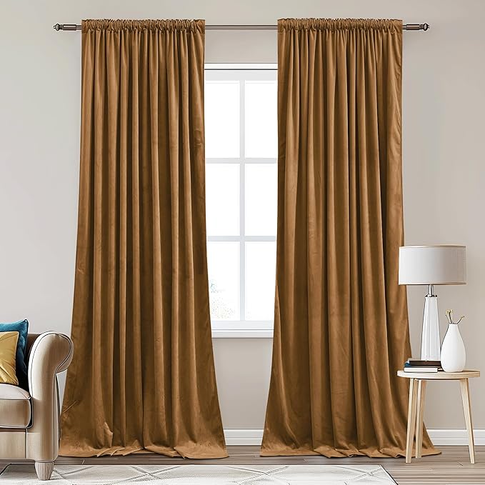 StangH Blackout Gold Brown Velvet Curtains for Bedroom, Back Tab Heat Resistant Privacy Window Drapes Halloween Holiday Home Decoration for Kitchen, W62 x L84, 2 Panels
