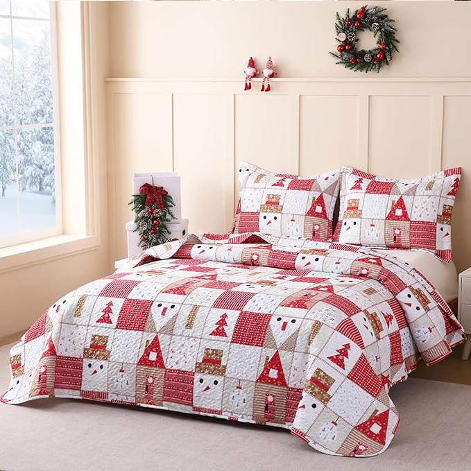 JSD Kids Christmas Quilt Set Full/Queen, Patchwork Christmas Bedding 3 Piece, Soft Microfiber Bedspread Coverlet Holiday Quilted Blanket