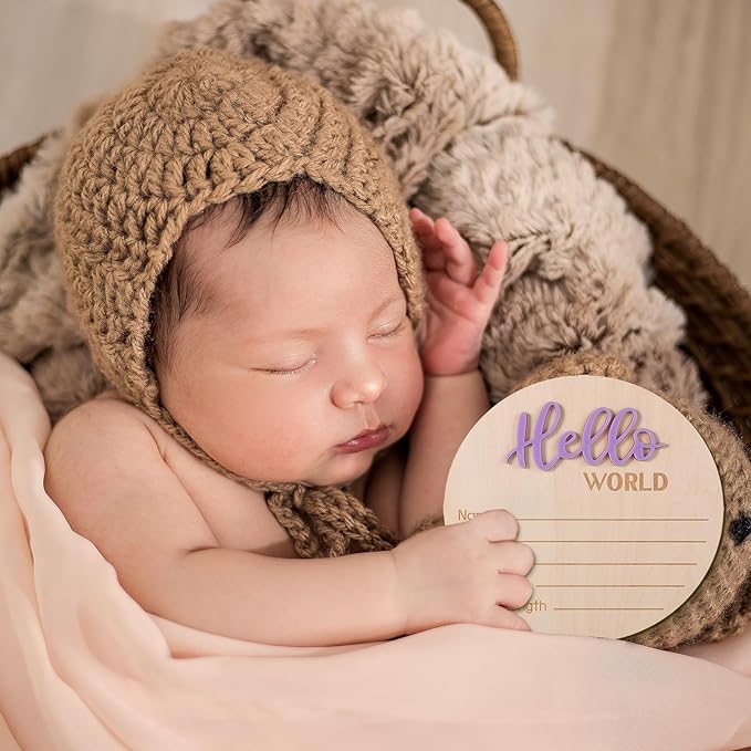 Newborn Announcement Sign, 5.9in Wooden Hello World Sign Baby Welcome Sign Birth Baby Name Plaques for Newborn Boys and Girls Photo Props Baby Shower Hospital Nursery (Light Purple)