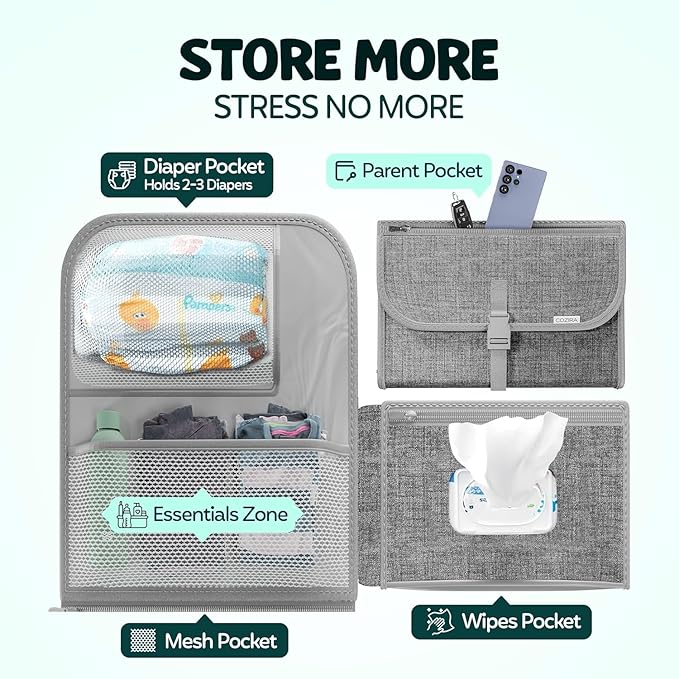 Portable Diaper Changing Pad - Waterproof Travel Diaper Clutch with Wipes Pocket & Storage - Foldable Wipeable Changing Mat for Baby - Newborn Shower Gift - Grey