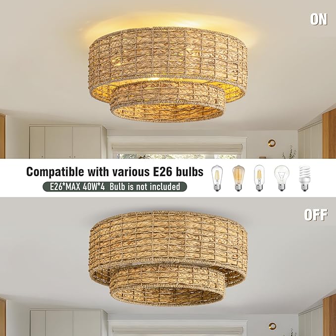 Boho Caged Ceiling Fans with Lights Flush Mount,Layered Rattan Ceiling Fan with Light Remote Control,Reversible 6 Speeds for Bedroom,Nursery,Living Room
