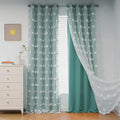 MYSKY HOME Room Darkening Curtains White Sheer Pom Pom Curtains for Living Room Teal Blackout Curtains for Sliding Door Decor Drapes Double Layer Window Panels Boys Bedroom Grommet Set of 2 W52 X L95