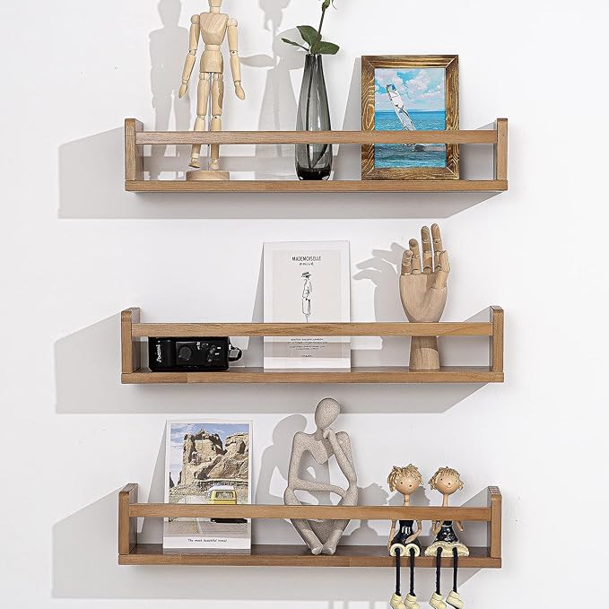 AZSKY Nursery Shelves Light Walnut Floating Book Shelf Organizer for Baby Nursery Décor Wall Book Shelves for Kids Room 24 Inch Wood Wall Ledge Shelves for Bathroom Kitchen Spice Rack a Set of 3