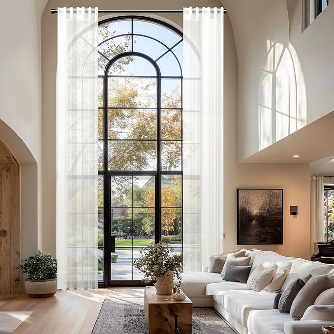 Dreaming Casa White Sheer Curtains 204 Inches Long, Rod Pocket & Back Tab Light Filtering Textured Sheers for Living Room Bedroom, 2 Panels, Each 52" W x 204" L