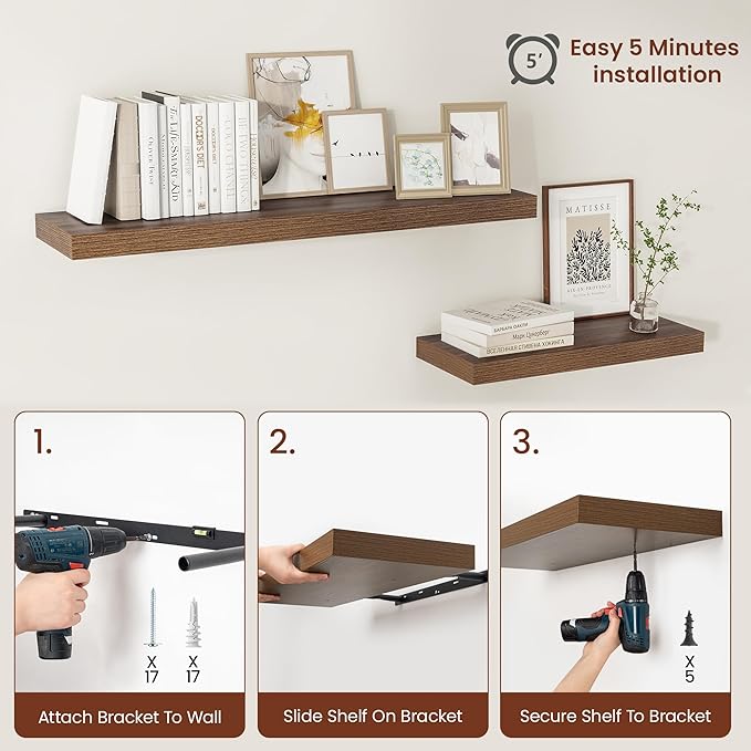 Vivelove Wide Floating Shelves for Wall 12 Inch Deep, 48" X 12" X 2" Floating Shelf, 2 Inch Thick Shelf for Living Room Bathroom Bedroom Kitchen Book Room, Rustic Farmhouse Decor Set of 2, Walnut