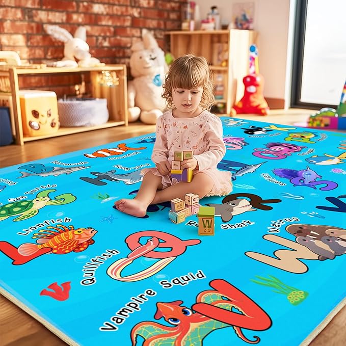 Kids Rugs for Playroom, 3x4 Feet Educational Rug for Learn The ABC Alphabet, Soft Machine Washable Non-Slip Cute Marine Organisms Carpet for Classroom Toddler Nursery Kids Room Decor, Blue