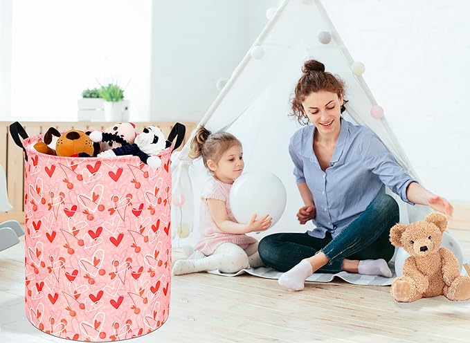 KUNRO Round Valentine's Laundry Gift Basket Storage Hamper, Kids Toys and Clothes Storage Organizer Bins, Toy Shelf Basket with Handles for Room Decor