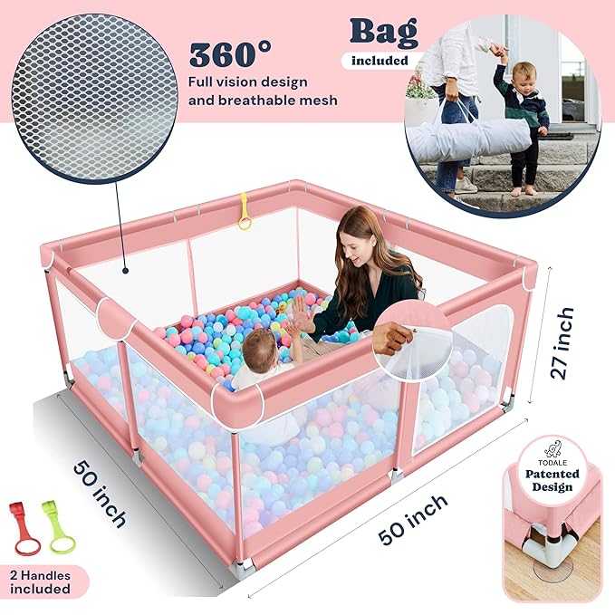 Todale Play Pen - 50 x 50 x 27 in, Pink - Baby Playpen Play Yard with Breathable Mesh & Anti-Slip Base - Portable Crib & Foldable Playpen for Babies & Toddlers