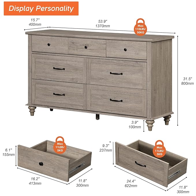 WAMPAT Kids Dresser with 7 Drawers for Bedroom, Wide Baby Dresser for Nursery & Kids Room, Farmhouse Wooden Dressers Closet Organizer for Children’s Bedroom, 54 Inch, Grey