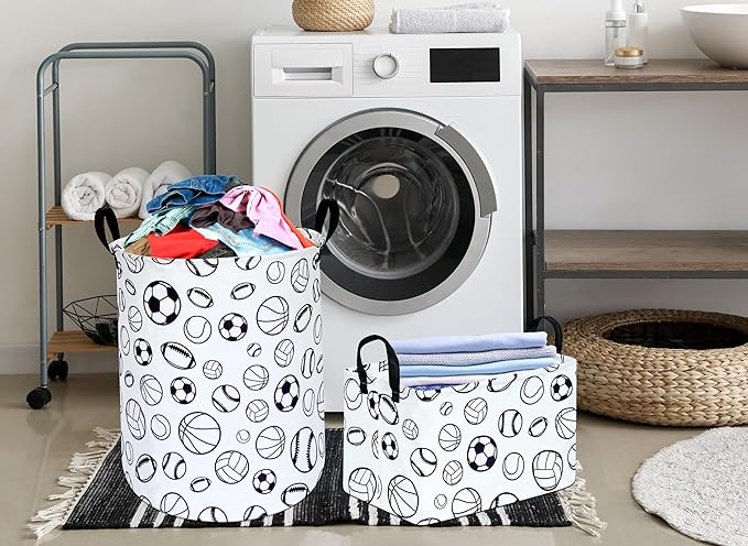 KUNRO Round Basketball Football Laundry Gift Basket Storage Hamper, Kids Toys and Clothes Storage Organizer Bins, Toy Shelf Basket with Handles for Room Decor (Sports ball)