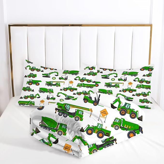 Comforter Set Green Tractor: Queen Size Cartoon Excavator Truck Car Bedding Sets for Boys Kids Teens Toddler Construction Vehicles Quilt Bed Set with 1 Comforter & 2 Pillowcases