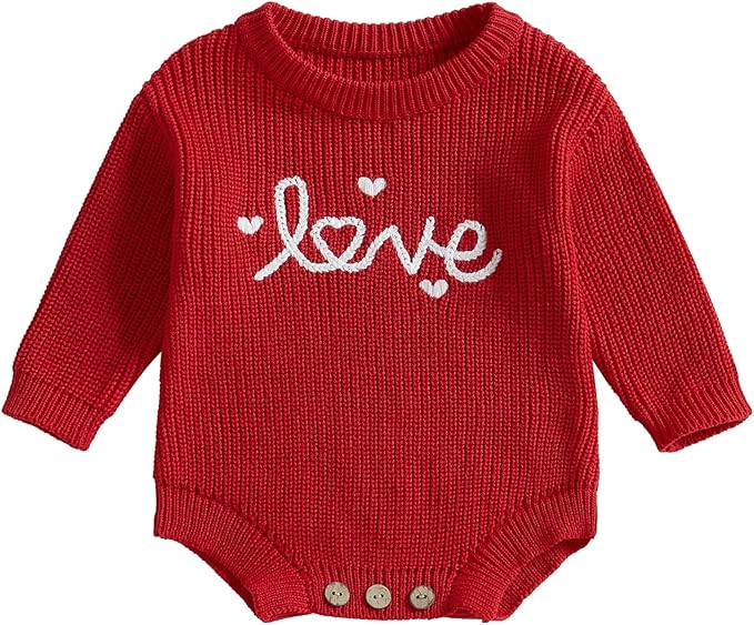 Lesimsam Newborn Baby Boy Girl Valentines Day Outfit Oversized Embroidery Long Sleeve Knit Sweater Bubble Romper Bodysuit