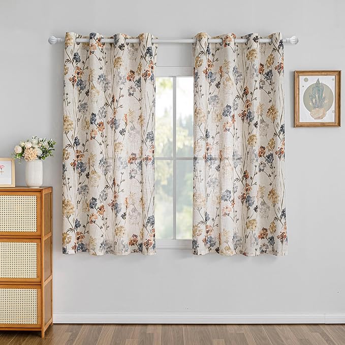 MYSKY HOME Linen Floral Curtains & Drapes 63 Inch Long 2 Panels Semi Sheer Light Filtering Privacy Flower Print Grommet Window Treatments for Kitchen Bedroom, 52" Wide Each Panel, 2 Pcs, Yellow