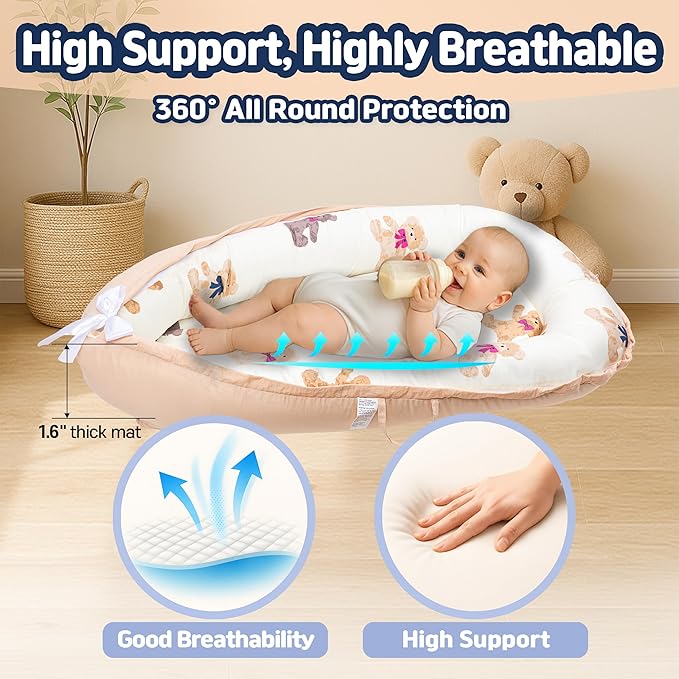 Baby Lounger for Newborn 0–24 Months, Baby Pillow & Baby Nest Lounger, Organic Cotton Breathable Infant Pillow, Portable Baby Nest for Home & Travel (Ivory)