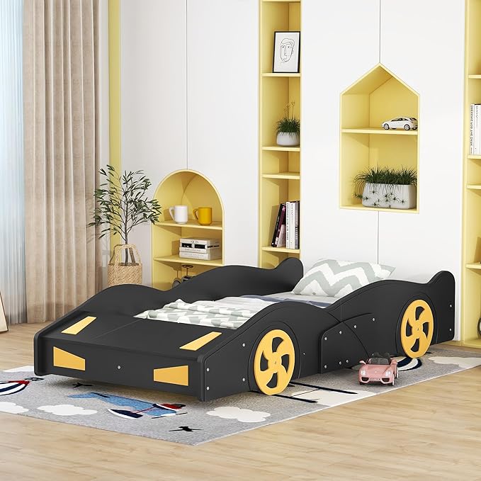 Harper & Bright Designs Twin Size Race Car-Shaped Platform Bed with Wheels and Storage, Black+Yellow