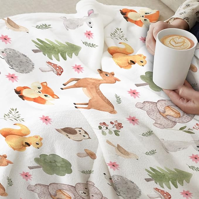 Thuswarm Cute Animals in The Woodland Flannel Blanket for Autumn Winter Gifts Warm Cozy Soft Funny Print Throw for Bed Couch Sofa 50”×40” Small for Kid