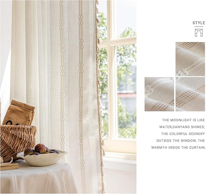 ENJOYBRIDAL Off White Curtains 63 Inch Length 2 Panels Boho Semi Sheer Drapes Cream Embroidered Tassel Rod Pocket Short Hollow Window Curtain Panels Farmhouse Window Treatment for Bedroom Living Room