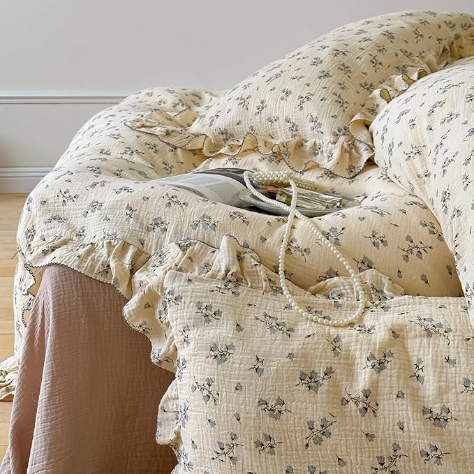 BuLuTu Vintage Floral Duvet Cover Full Bed 100% Cotton Muslin Comforter Cover Chic Shabby Hyacinth Flower Print Duvet Covers with Ruffles, 90"x79", No Pillowcases