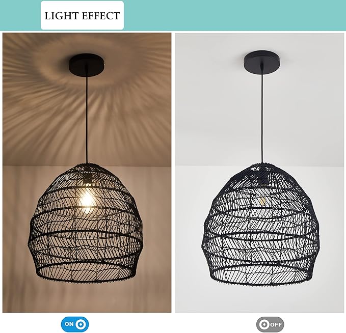 Bamboo Pendant Light Fixture Boho Style 1 Lights Rattan Pendant Lamp Woven Hanging Light for Kitchen Island Nursery in Black(13.7" W)