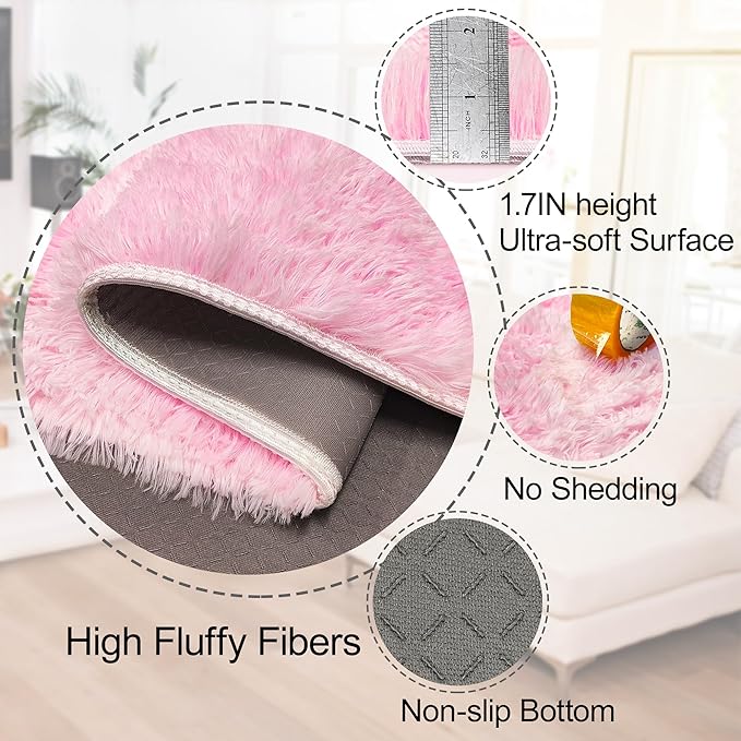 Plush Fluffy Pink Rugs for Bedroom Girls Room 2x6 Runner Pink Area Rug for Bedroom Bedside Living Room Hallway Fuzzy Shag Carpet for Kids Room Nursery