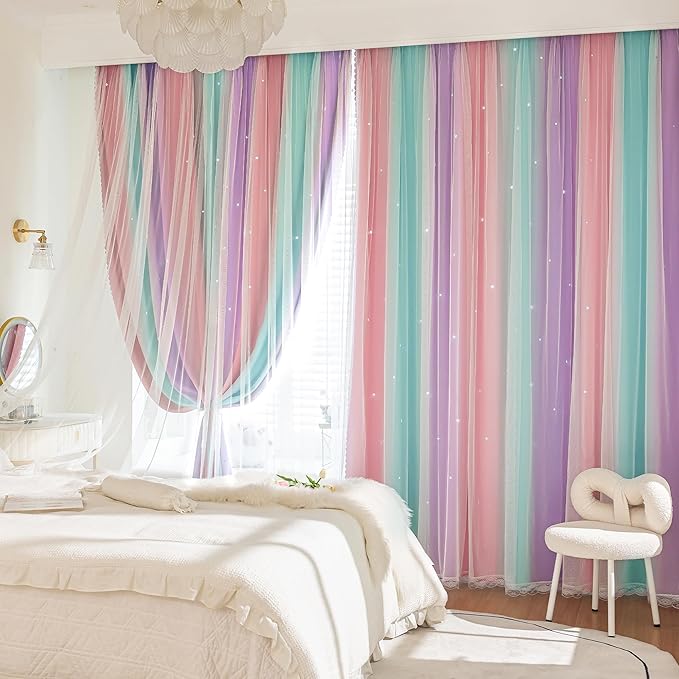 XiDi Extra Wide Curtains 84 Inches Long for Girls Bedroom Sliding Glass Door Kids Blackout Curtains for Nursery Room Darkening Rainbow Princess Unicorn 1 Panel 70 Inch Wide Pink Purple Green 70W x84L