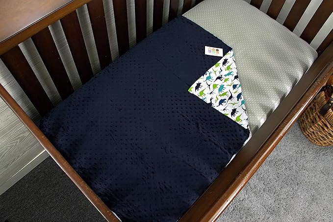 Baby Blanket - Blue and Green Dinosaurs on White with Navy Blue Minky Dot