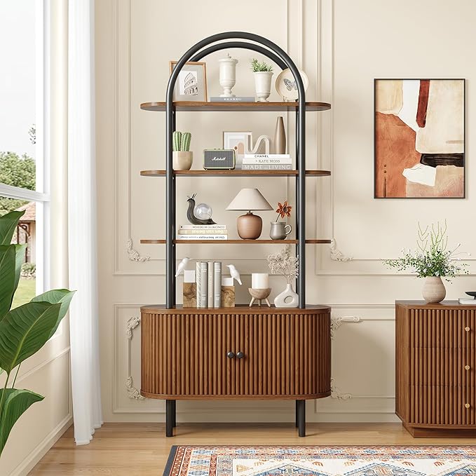 71" Tall Bookshelf, Bookcase, 4-Tier Book Shelf with Storage Cabinet, Curved Metal Frame Bookcase, Freestanding Industrial Storage Display Shelving for Living Room Office Bedroom, Walnut