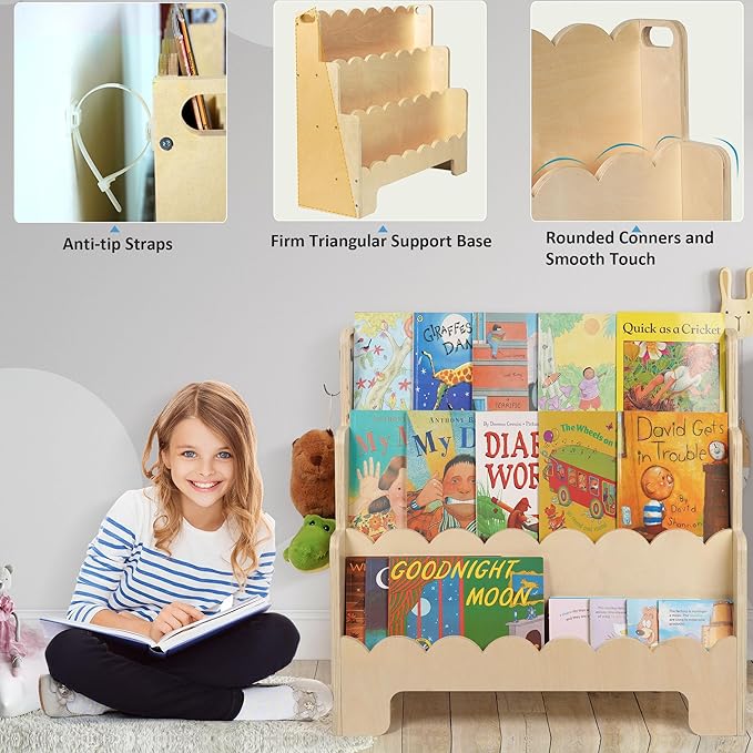 Kids Bookshelf Wooden 3-Tier, Scalloped Book Shelf for Kids Rooms, Front Facing Toddler Montessori Bookshelf, Baby Nursery Book Shelves Kids Classroom Bookshelf Bookcase