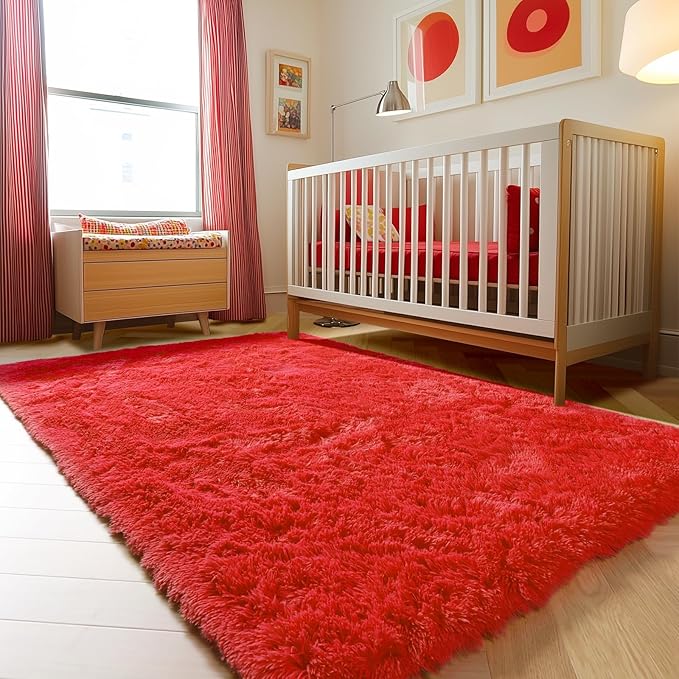 ONASAR Red Area Rugs for Bedroom Living Room, Washable Fluffy 4x6 Indoor Bedside Floor Throw Rug, Soft Plush Shaggy Carpet for Nursery Kids Girls Boys Teen Dorm Home Office Decor Aesthetic