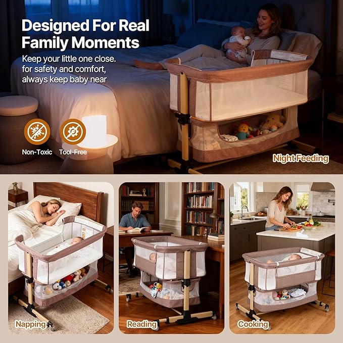 Baby Bassinet Bedside Sleeper, 3-in-1 Bedside Bassinet, 5 Height Adjustable Rocking Baby Crib, Breathable Full Mesh, Mosquito Net, Storage Basket, Stable and Secure Bassinets for Newborn Infant