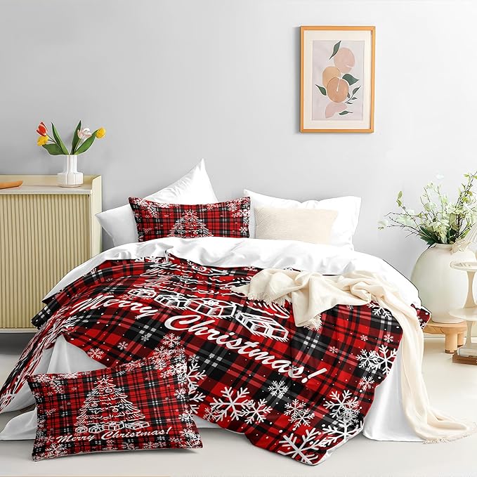 Christmas Duvet Cover Twin Size Black Red Gingham Xmas Bedding Set Kids Boys Girls Christmas Tree Plaid Pattern Soft Comforter Cover 2 Pcs with Zipper Closure (No Comforter)