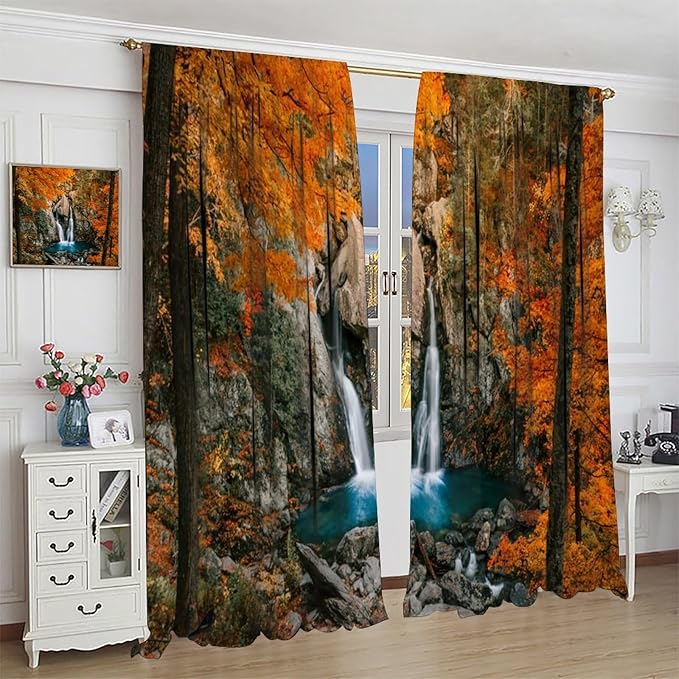 Autumn Waterfall Blackout Windows Curtains, Rustic Farmhouse Fall Forest Landscape Window Drapes, for Living Room Bedroom 42" W X 45" L