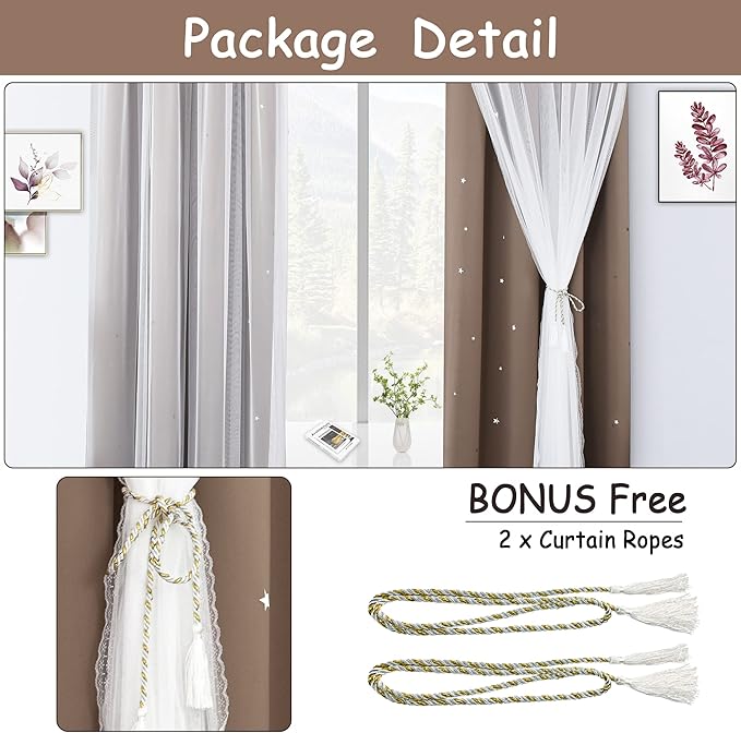 Kinryb Kids Blackout Curtains for Bedroom/Living Room/Classroom, Sheer Overlay Extra Long 2 Panel Set, Double Layer Curtains with Star Cutout for Kids Room(W 52 x L 108 Inches,Coffe 2 Pcs)