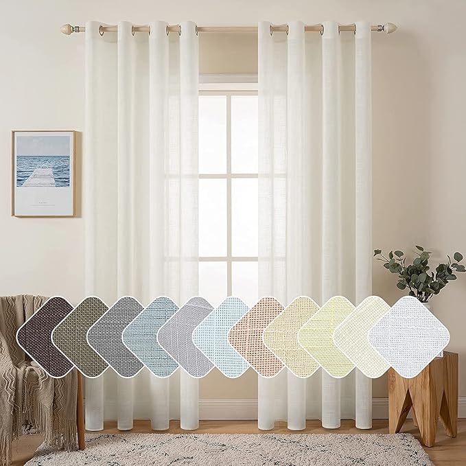 MIULEE Natural Linen Semi Sheer Window Curtains - Elegant Solid Ivory Drapes with Grommet Top - Voile Panels for Bedroom & Living Room (52X108 Inch)
